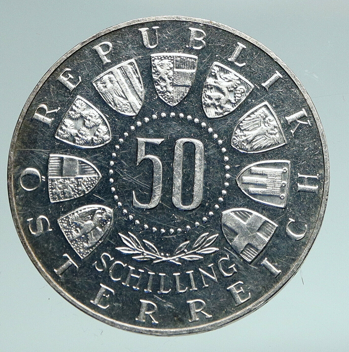 1964 AUSTRIA Innsbruck Winter Olympic Games SKIING OLD Silver 50Shlg Coin i91004