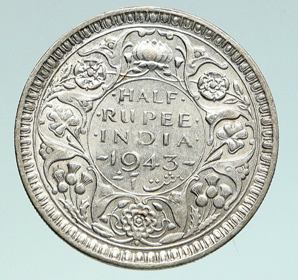 1943 B INDIA States UK George VI Antique OLD Silver 1/2 RUPEE Indian Coin i91014