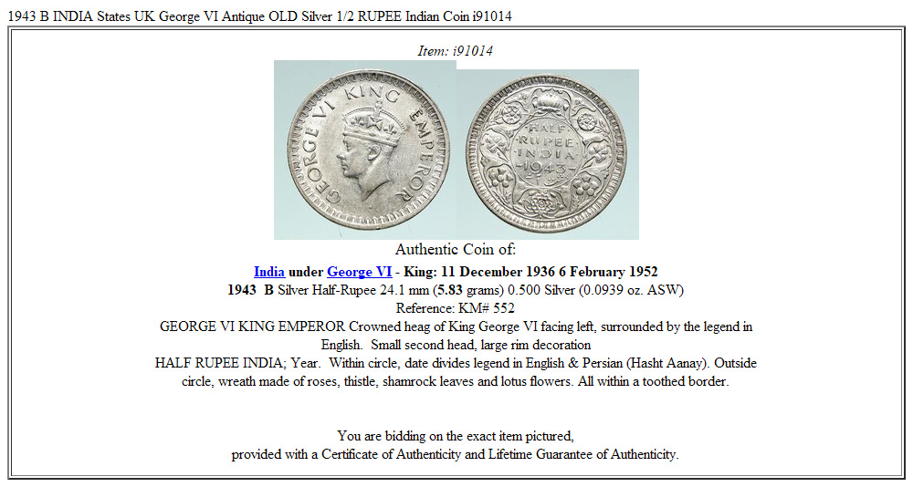 1943 B INDIA States UK George VI Antique OLD Silver 1/2 RUPEE Indian Coin i91014