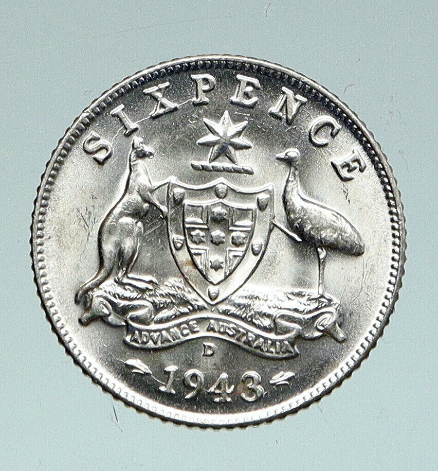 1943 AUSTRALIA King George VI Kangaroos Antique OLD Silver Sixpence Coin i91025