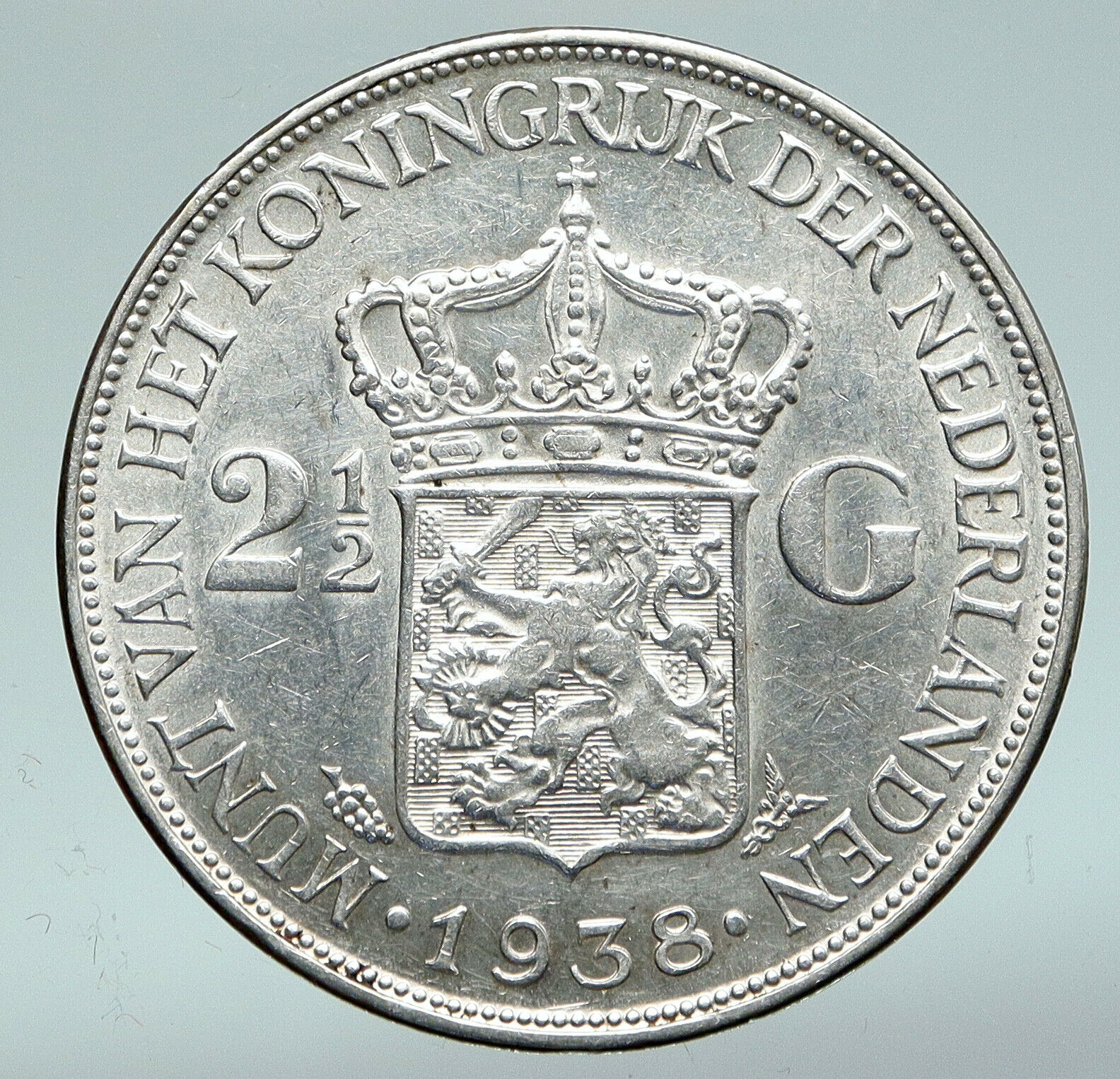 1938 NETHERLANDS Kingdom QUEEN WILHELMINA Old Silver 2 1/2 Gulden Coin i91024