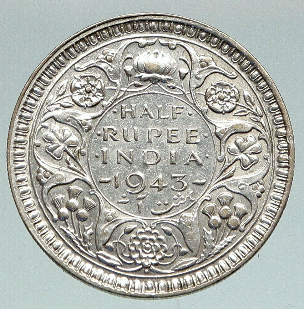 1943 B INDIA States UK George VI Antique OLD Silver 1/2 RUPEE Indian Coin i91172