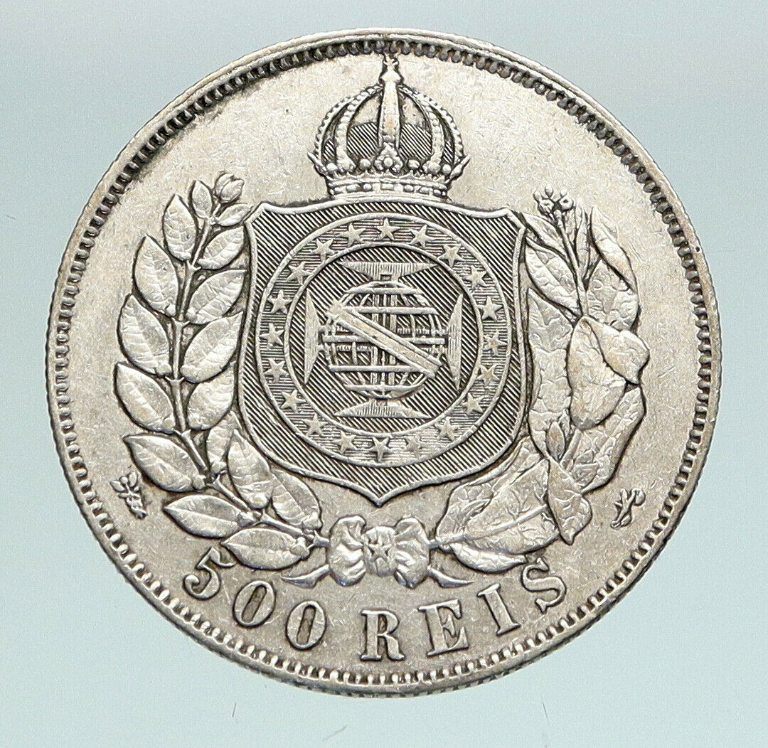 1868 BRAZIL Antique Brazilian Coat-Of-Arms ANITQUE Silver 500 Reis Coin i91181