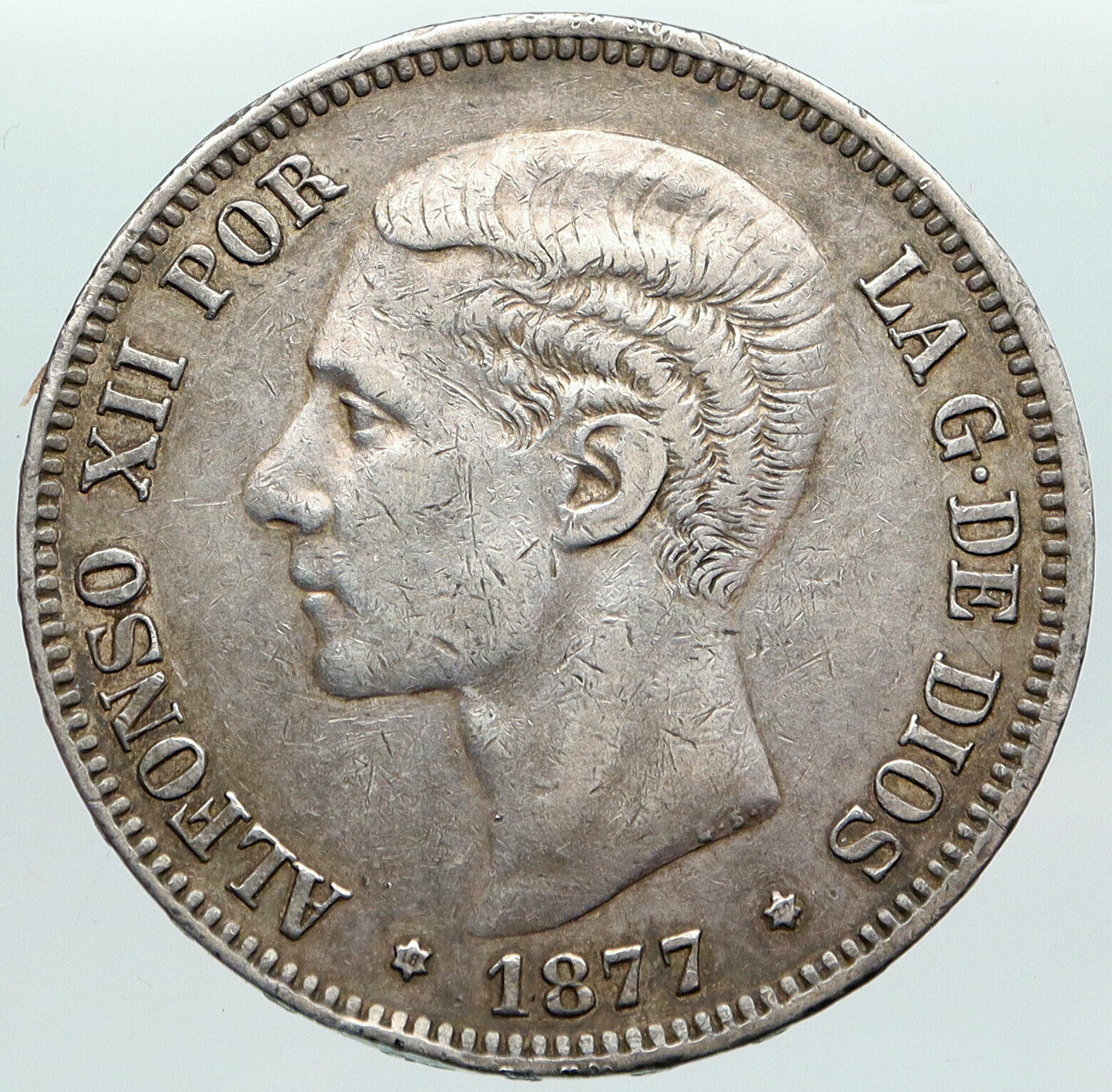 1877 SPAIN w King ALFONSO XII Antique OLD Silver 5 Pesetas SPANISH Coin i89201