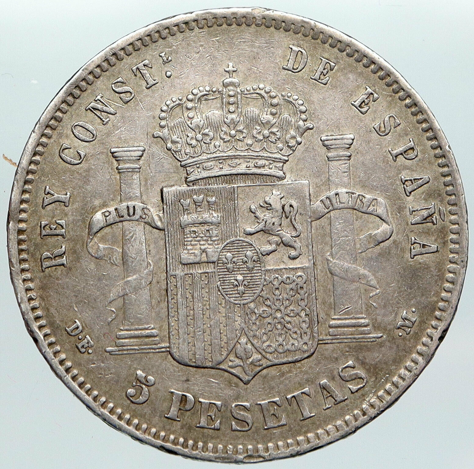 1877 SPAIN w King ALFONSO XII Antique OLD Silver 5 Pesetas SPANISH Coin i89201