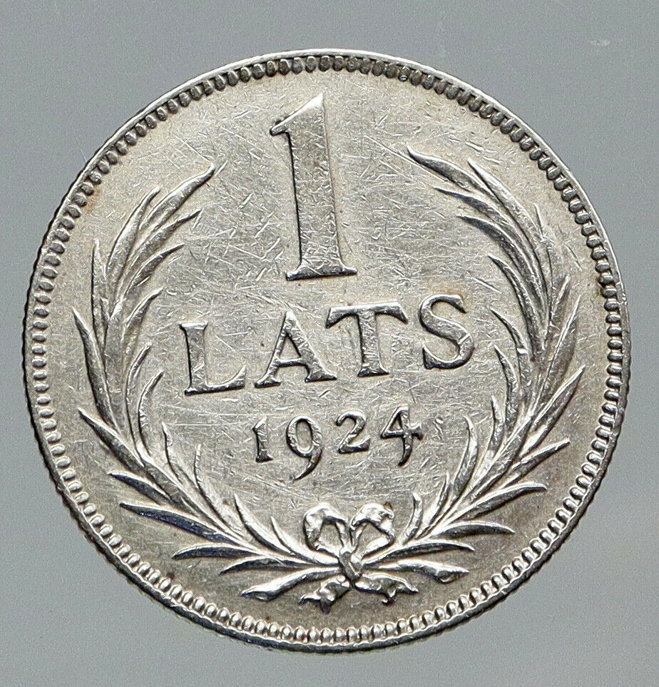 1924 LATVIA Lions & Shield ANTIQUE Vintage OLD Silver European Lats Coin i91685