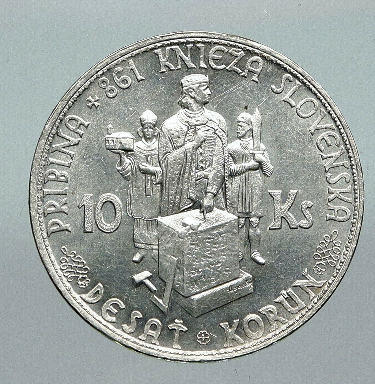 1944 SLOVAKIA REPUBLIC Prince Pribina OLD Silver 10 Korun Slovakian Coin i91275