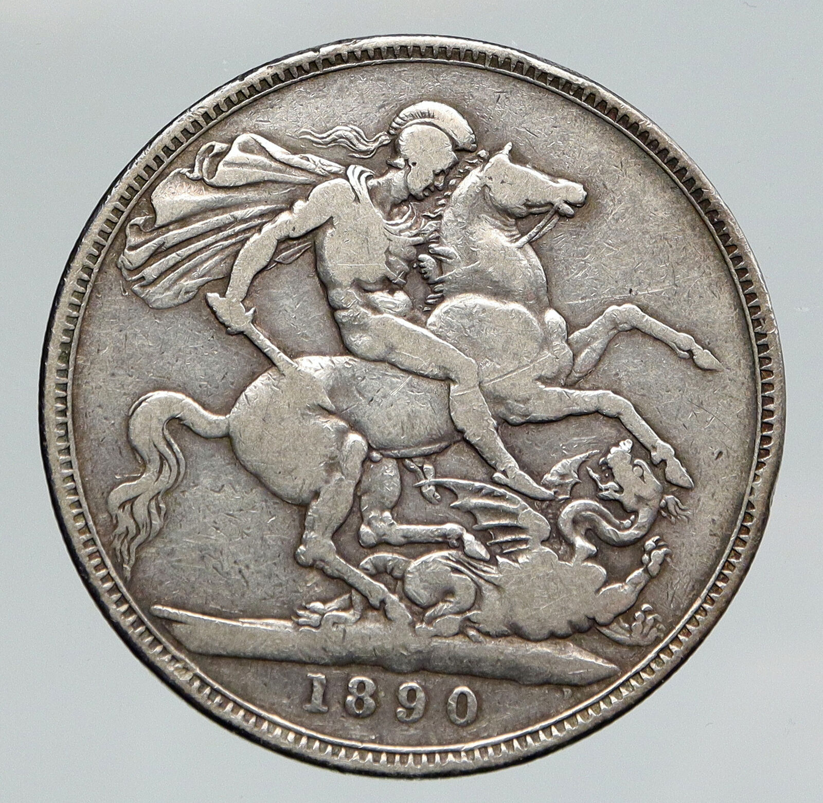 1890 GREAT BRITAIN UK Queen Victoria SAINT GEORGE Horse Silver Crown Coin i91668