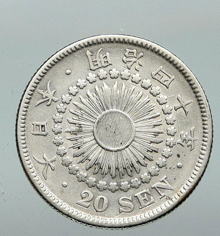 1907 Yr 40 JAPAN Emperor MEIJI Silver Antique Silver JAPANESE 20 Sen Coin i91278