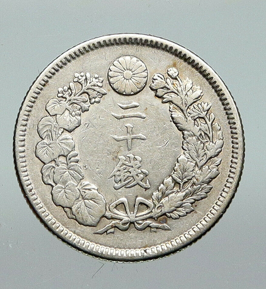 1907 Yr 40 JAPAN Emperor MEIJI Silver Antique Silver JAPANESE 20 Sen Coin i91278