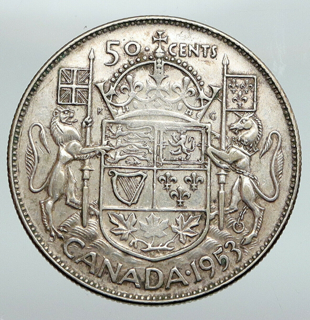 1953 CANADA under Queen Elizabeth II SILVER 50 Cents Canadian Coin Arms i91627