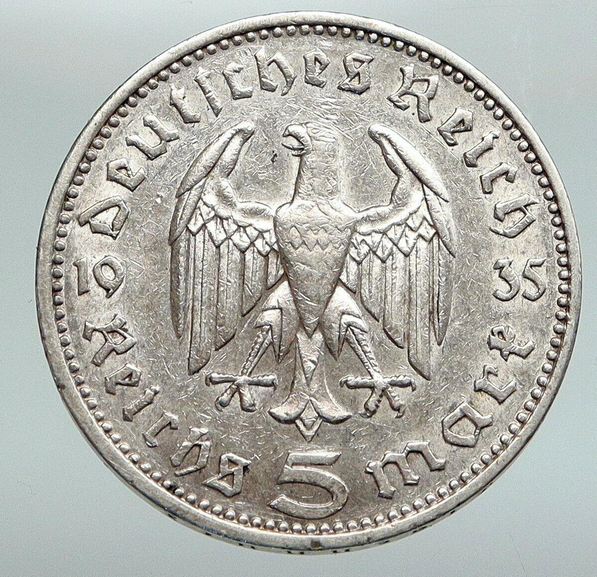 1935J Germany 2nd President Paul von Hindenburg Silver German 5 Mark Coin i91635