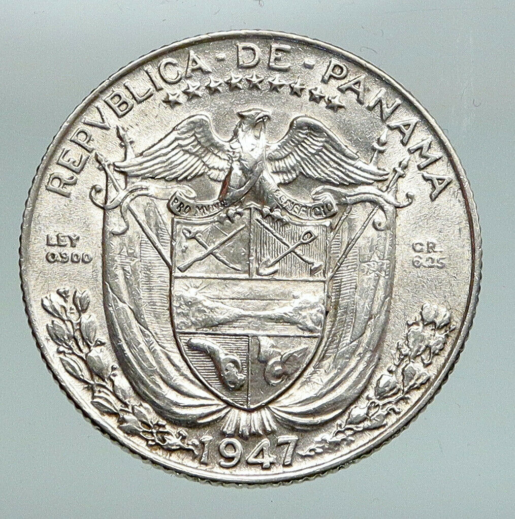 1947 PANAMA Antique VINTAGE Spanish CONQUISTADOR Silver 1/4 Balboa Coin i91651