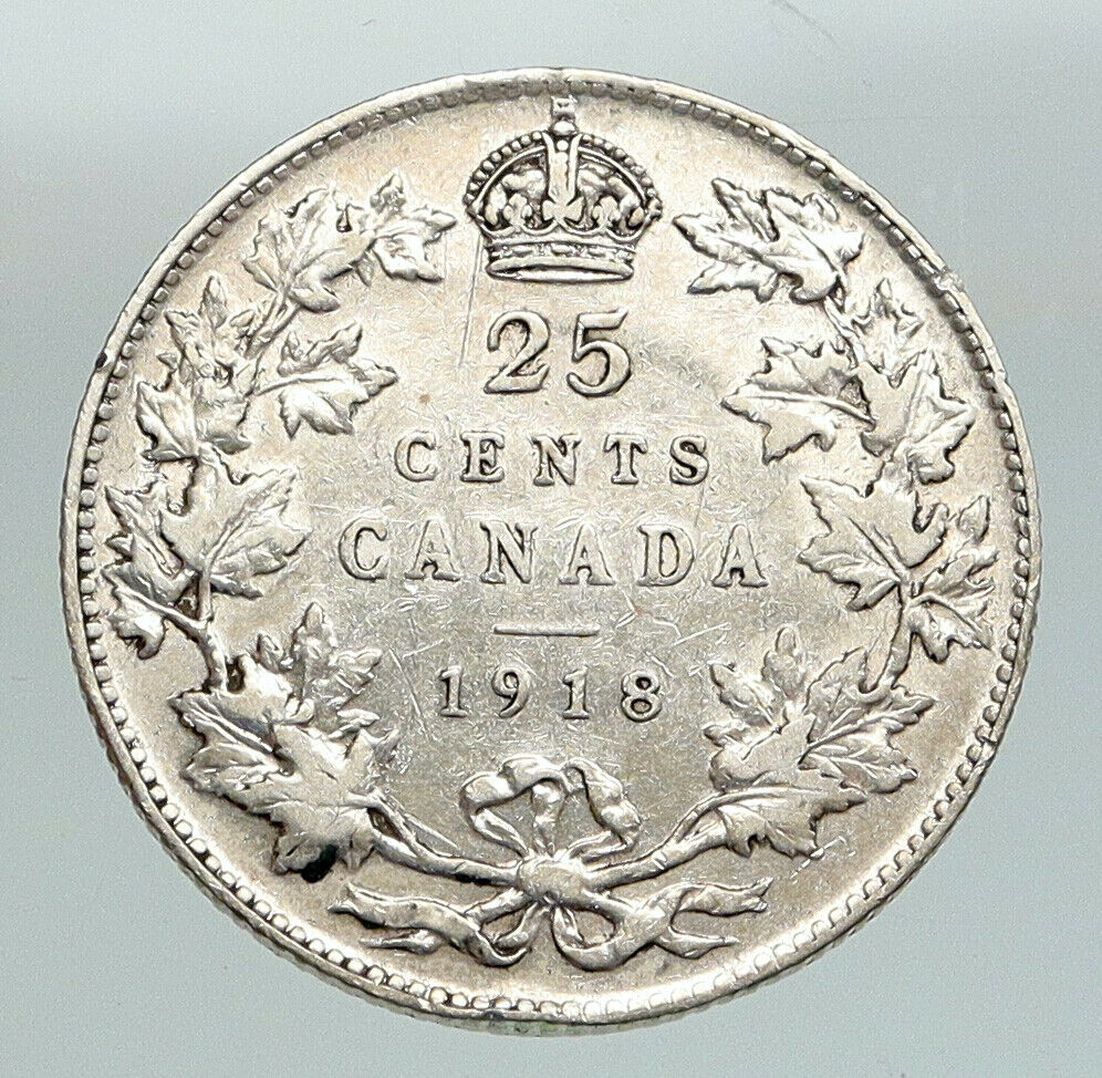 1918 CANADA UK King George V VINTAGE Antique RARE SILVER 25 CENTS Coin i91617