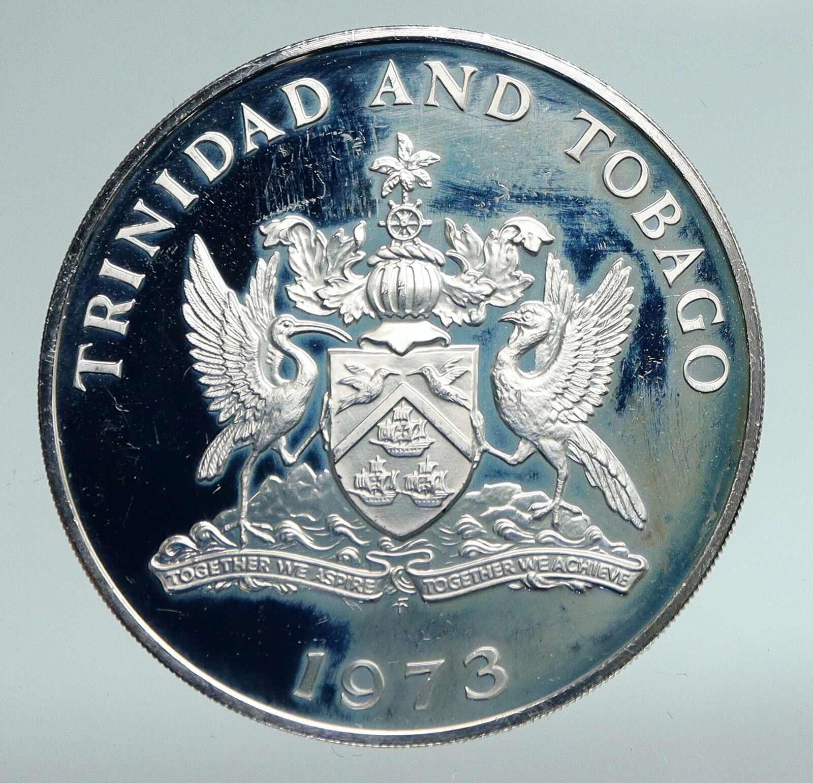 1973 TRINIDAD and TOBAGO Ibis INDEPENDENCE Old Proof Silver 5 Dollar Coin i90981