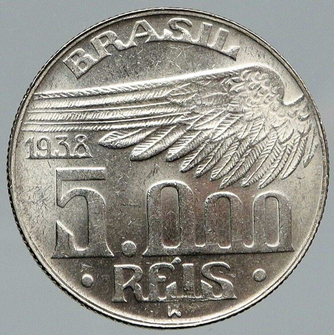 1938 BRAZIL Alberto Santos Dumont AVIATION Antique Silver 5000 Reis Coin i91805