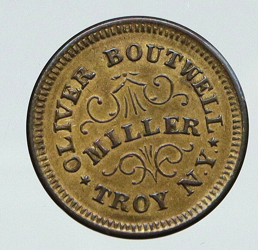 1863 UNITED STATES Troy NY Miller Oliver Boutwell ANTIQUE OLD Trade Token i91814