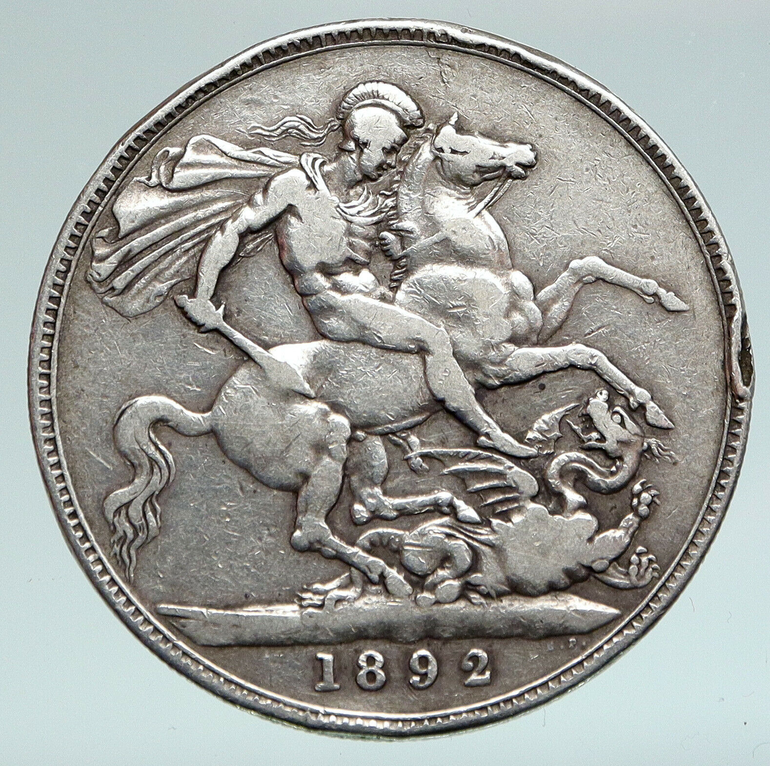 1892 GREAT BRITAIN UK Queen Victoria SAINT GEORGE Horse Silver Crown Coin i90940