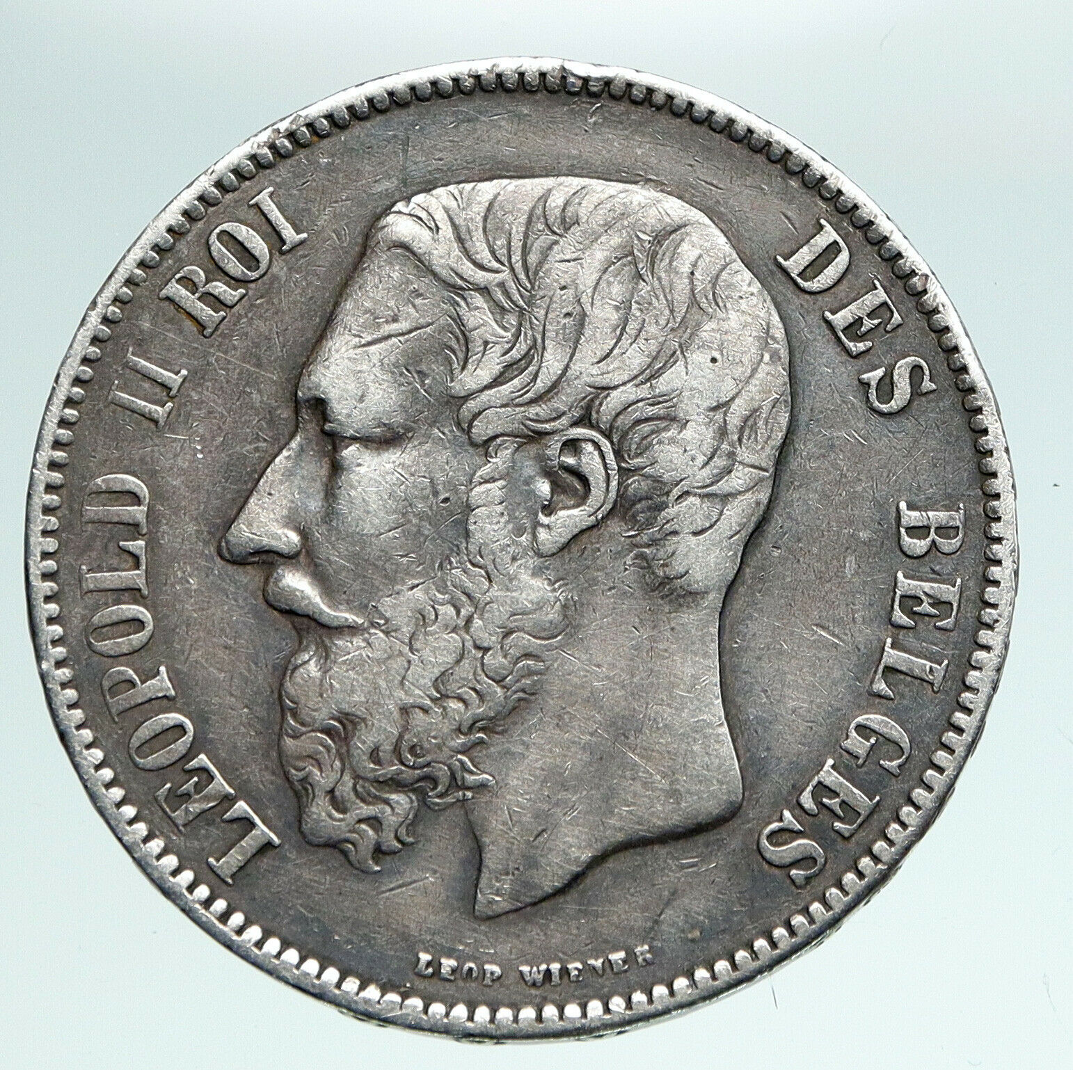 1870 BELGIUM with King LEOPOLD II and LION Genuine Silver 5 Francs Coin i90972