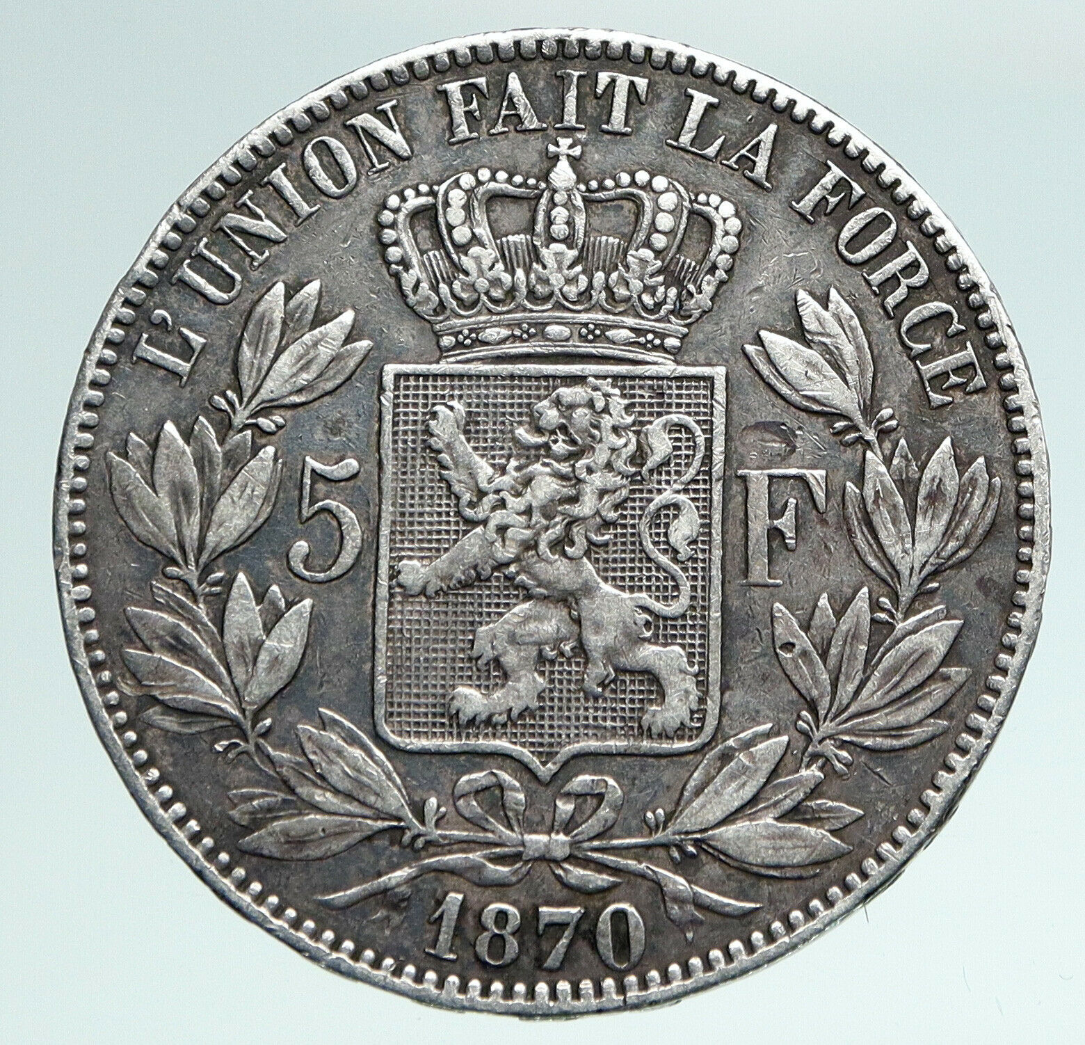 1870 BELGIUM with King LEOPOLD II and LION Genuine Silver 5 Francs Coin i90972