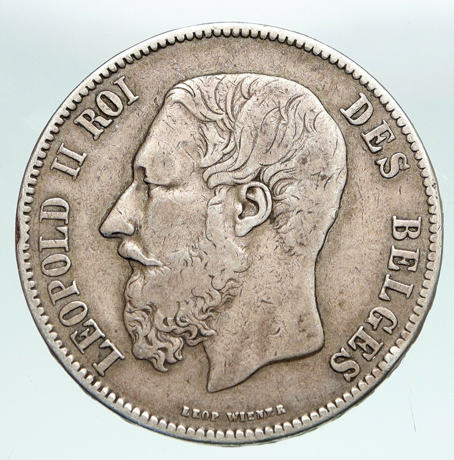 1870 BELGIUM with King LEOPOLD II and LION Genuine Silver 5 Francs Coin i90894