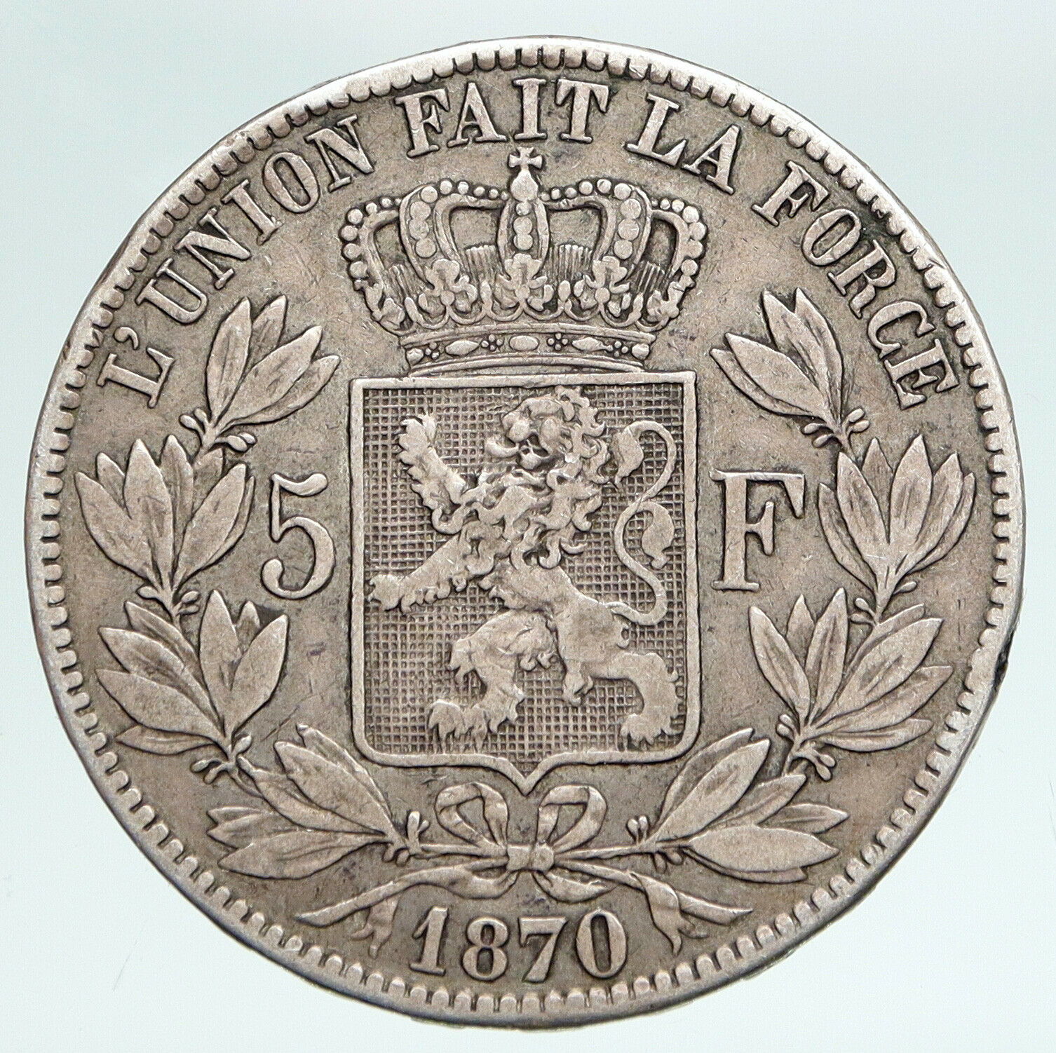 1870 BELGIUM with King LEOPOLD II and LION Genuine Silver 5 Francs Coin i90894