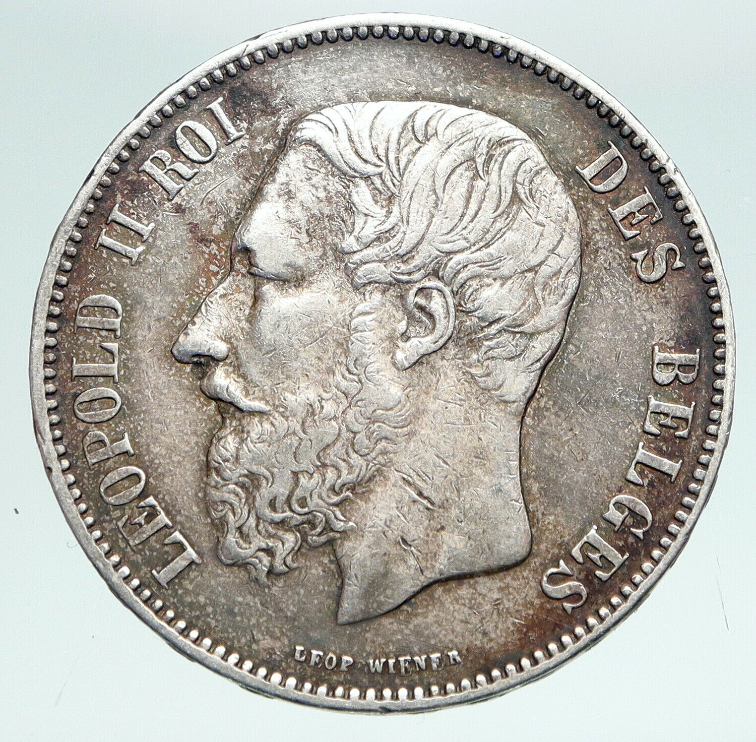 1872 BELGIUM with King LEOPOLD II and LION Genuine Silver 5 Francs Coin i90893