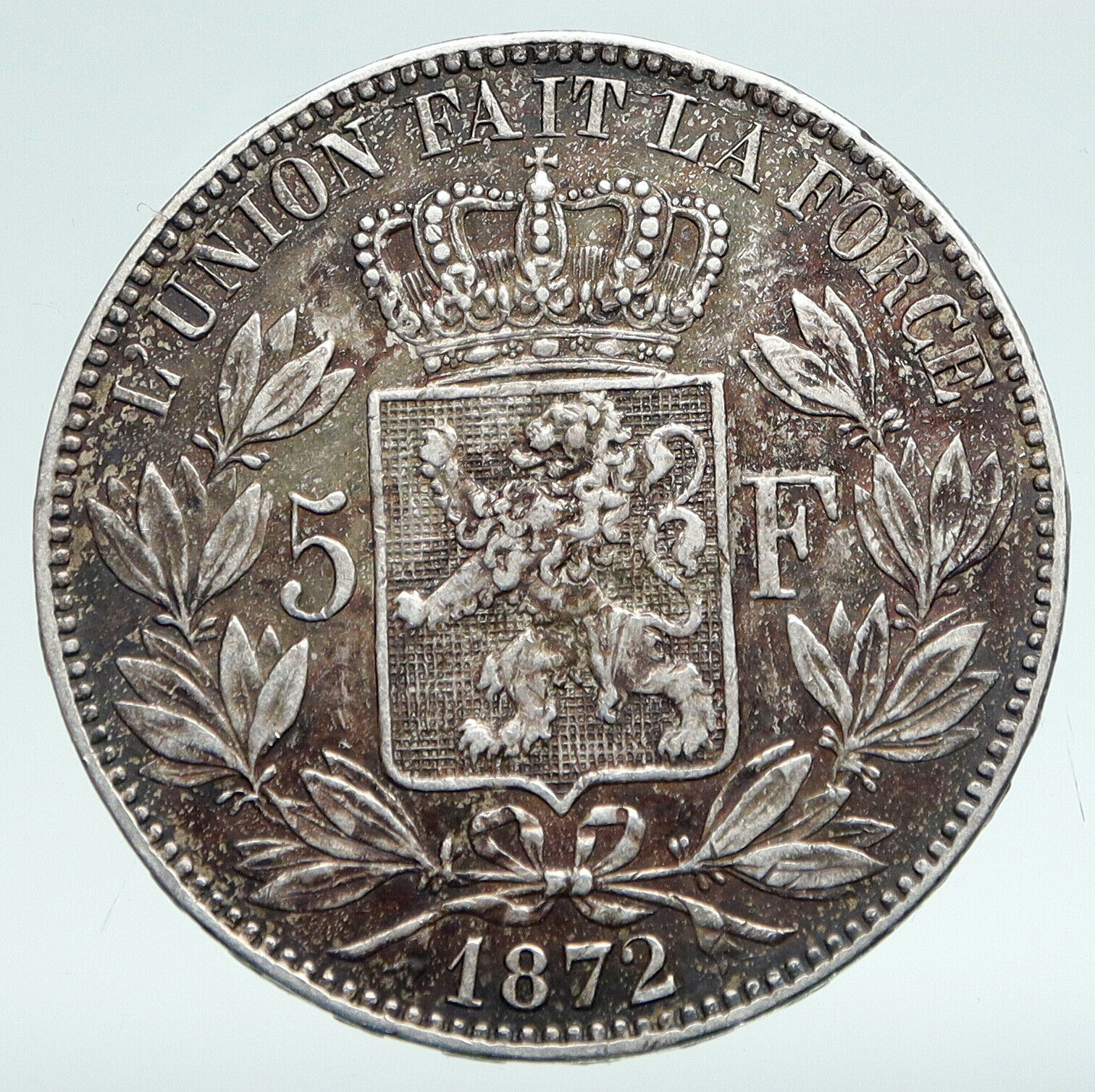 1872 BELGIUM with King LEOPOLD II and LION Genuine Silver 5 Francs Coin i90893