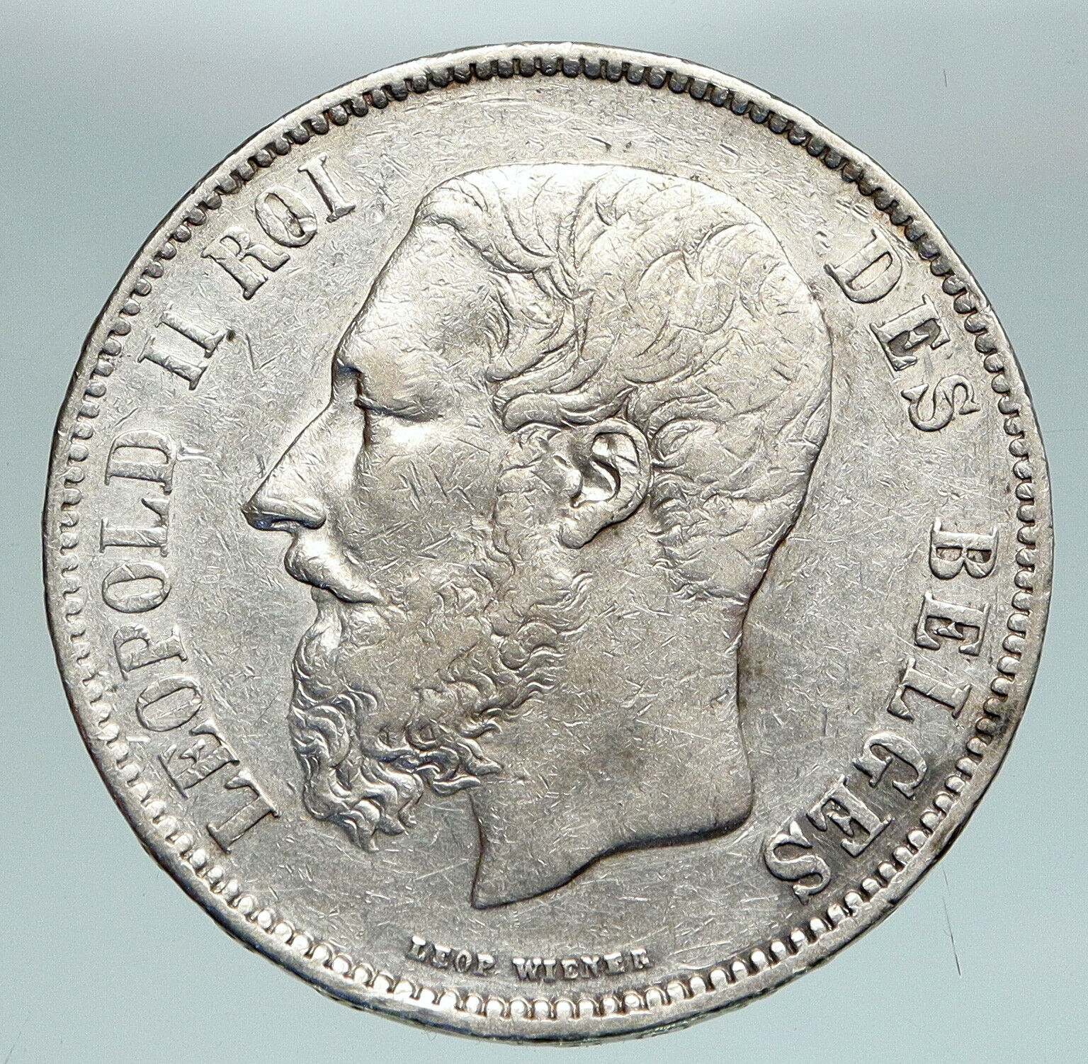 1870 BELGIUM with King LEOPOLD II and LION Genuine Silver 5 Francs Coin i90899