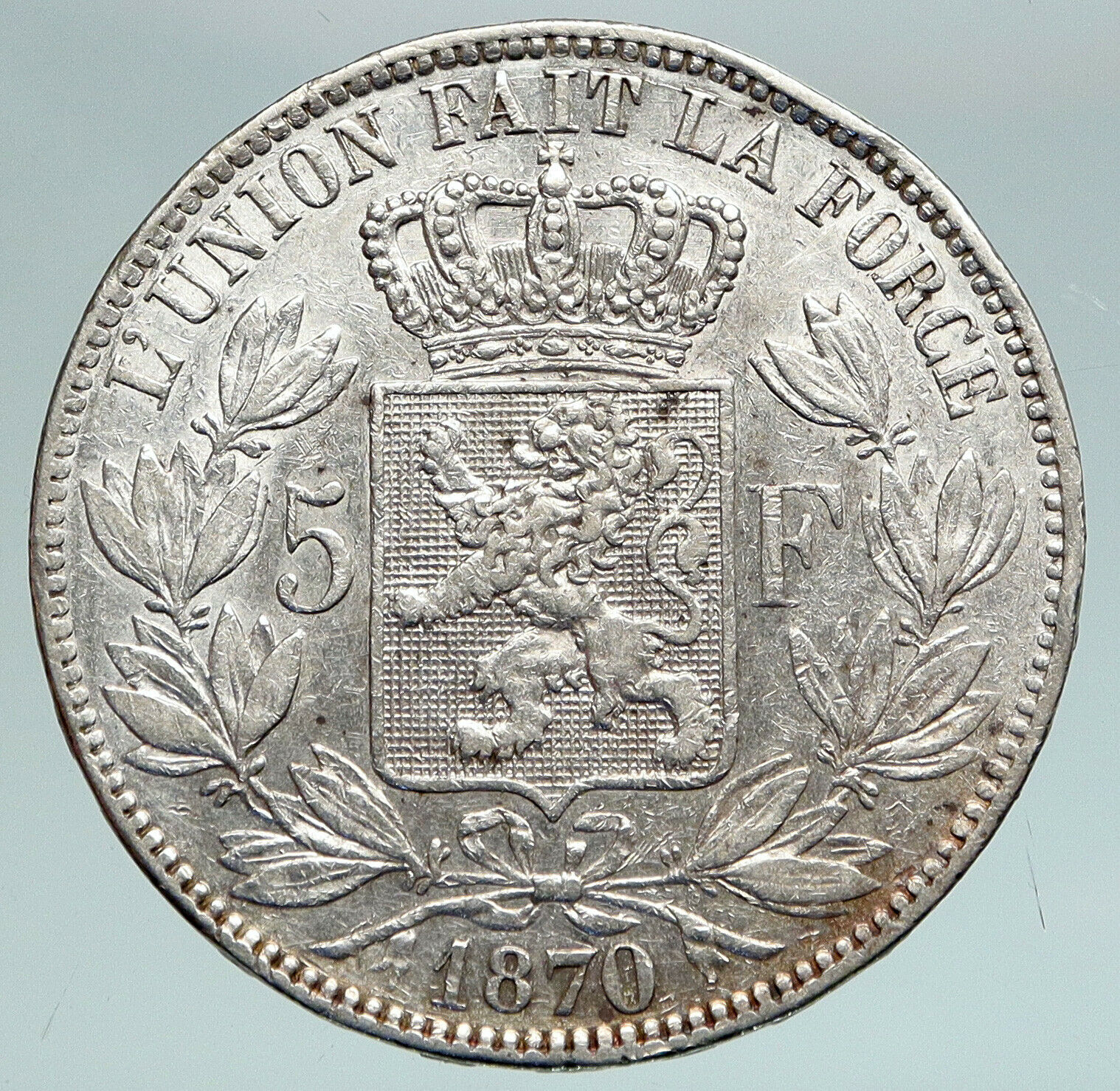 1870 BELGIUM with King LEOPOLD II and LION Genuine Silver 5 Francs Coin i90899