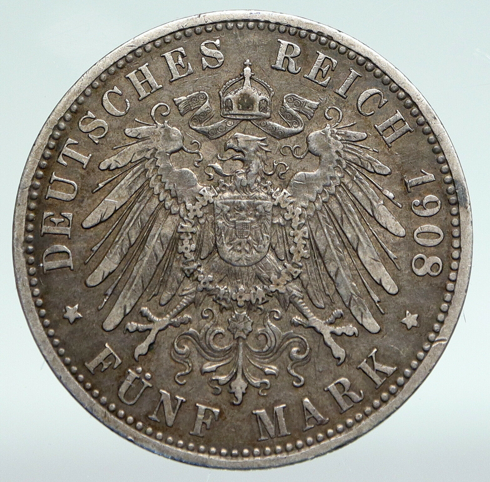 1908 GERMANY GERMAN STATES PRUSSIA WILHELM II Genuine Silver 5 Mark Coin i90896