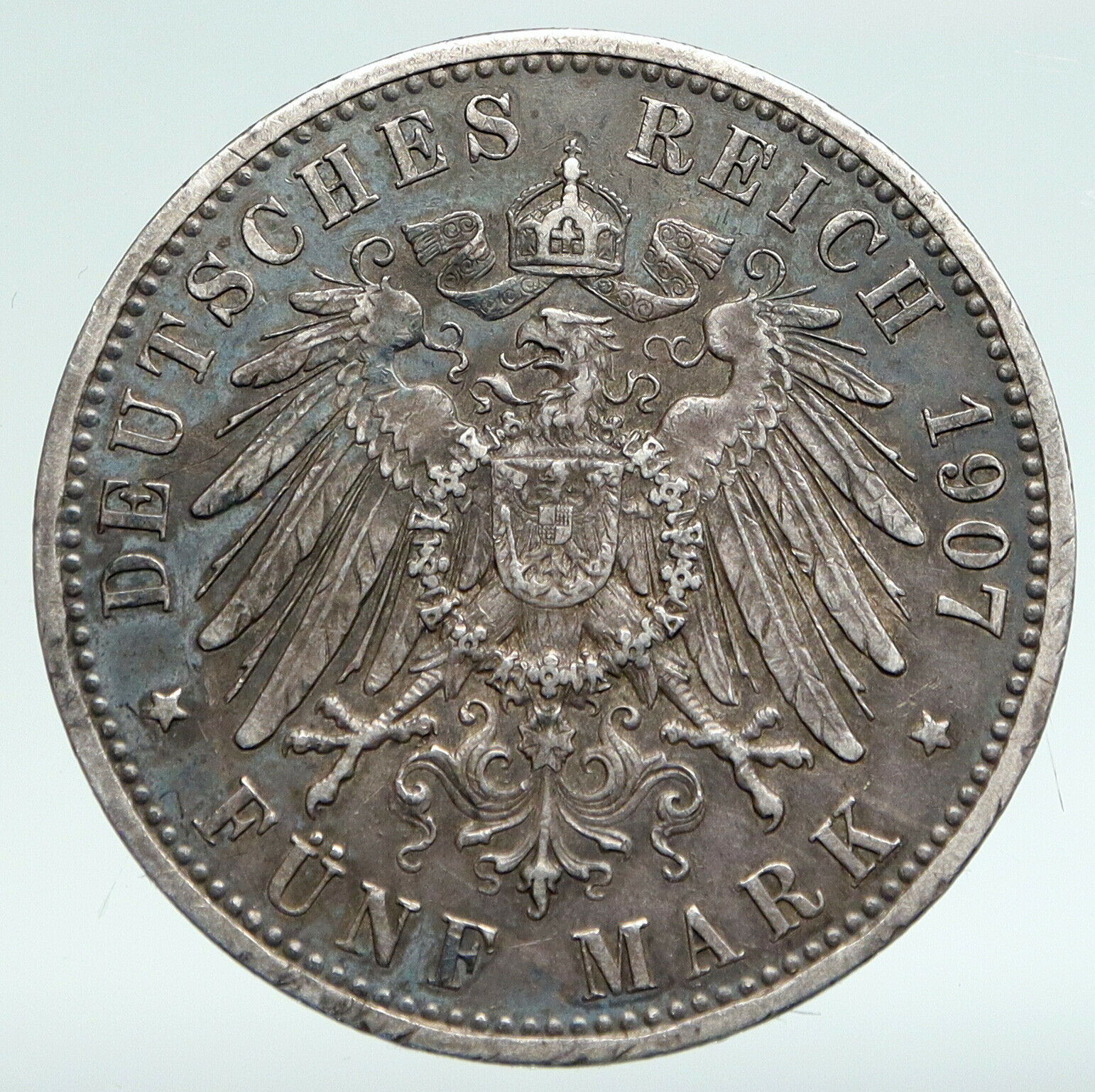 1907 GERMANY GERMAN STATES PRUSSIA WILHELM II Genuine Silver 5 Mark Coin i90900