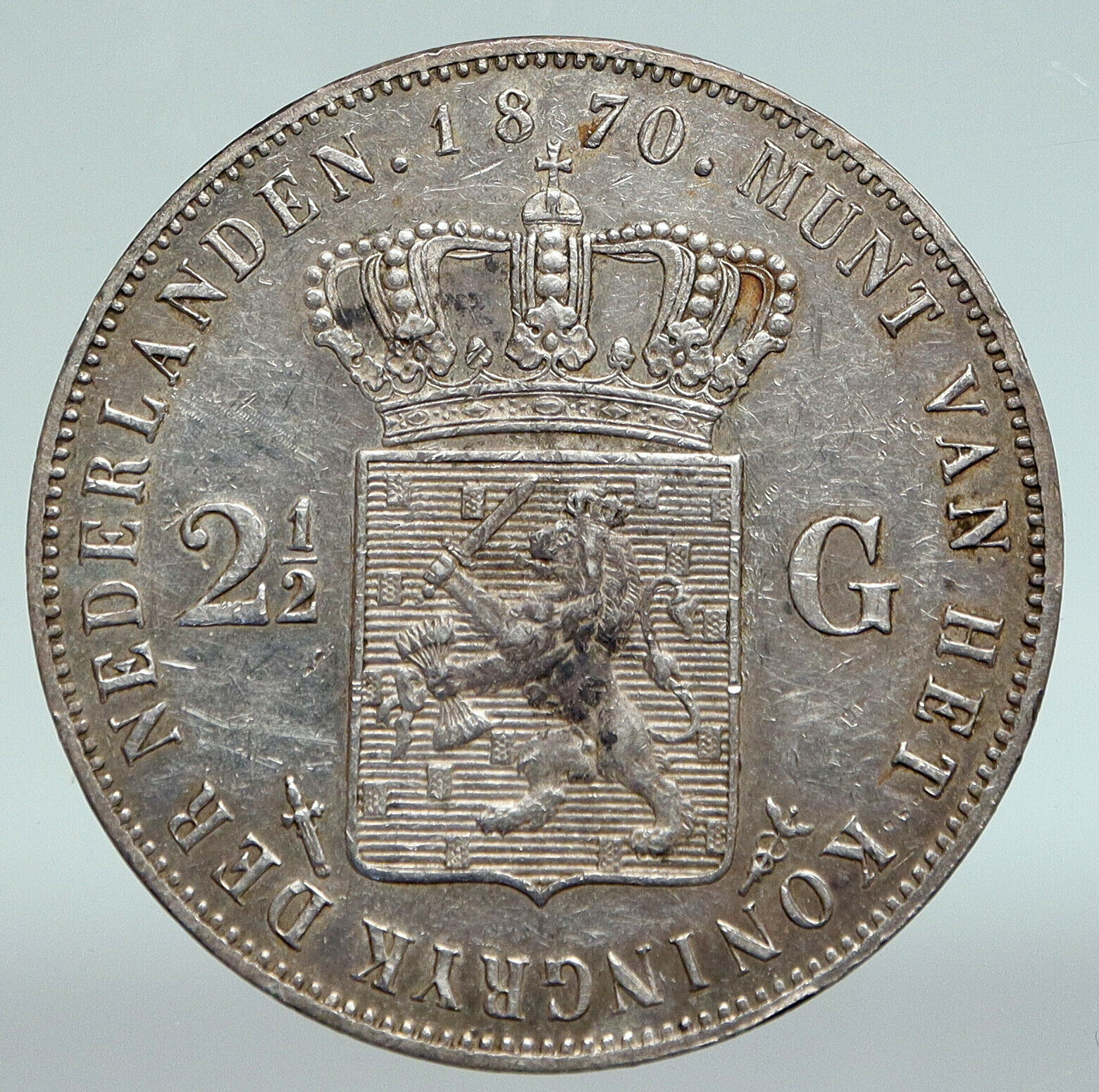 1870 Netherlands King WILLIAM III Crown ANTIQUE Silver 2 1/2 Gulden Coin i90901