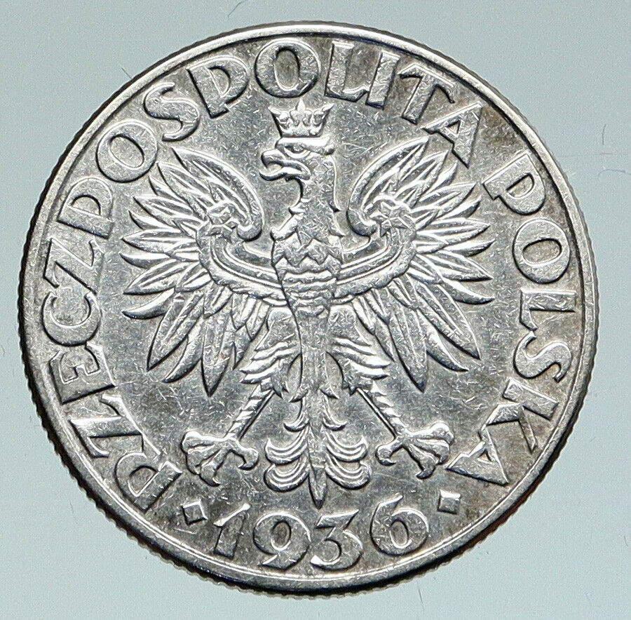 1936 POLAND Eagle SHIP SAILING Gdynia Seaport OLD Silver 2 Zlotych Coin i91563