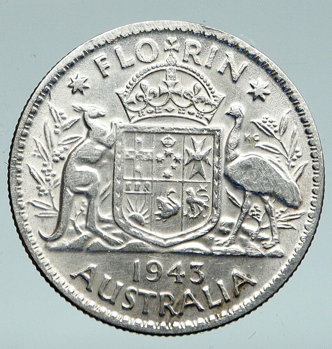 1943 AUSTRALIA Large King George VI Kangaroos Antique Silver Florin Coin i91557