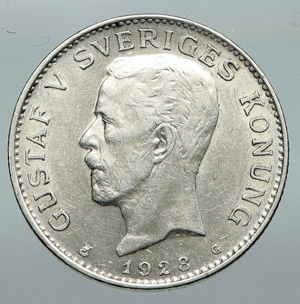 1928 Sweden GUSTAF V Crowned ARMS Antique OLD Vintage Silver 1 Krona Coin i91355