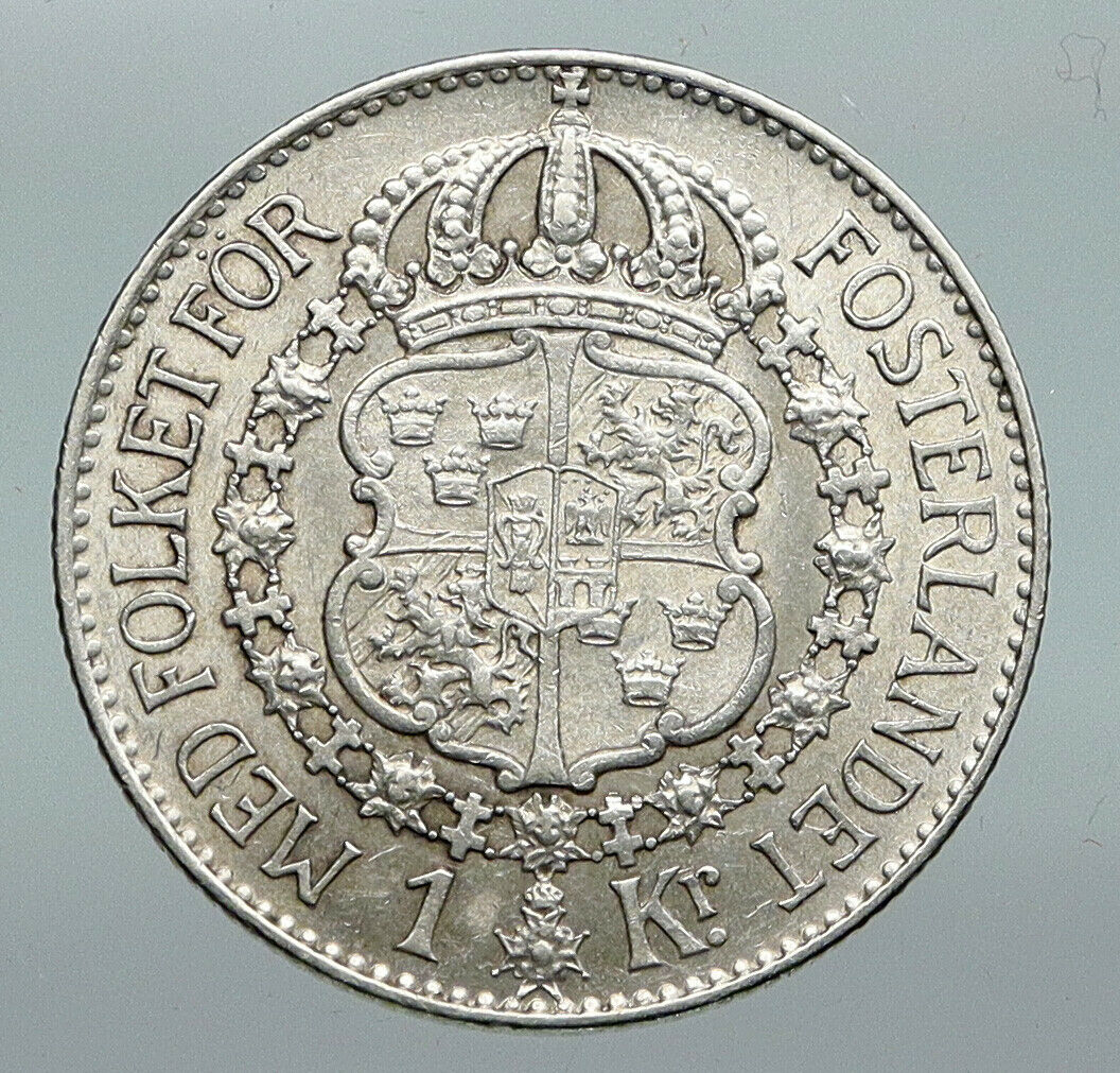 1928 Sweden GUSTAF V Crowned ARMS Antique OLD Vintage Silver 1 Krona Coin i91355