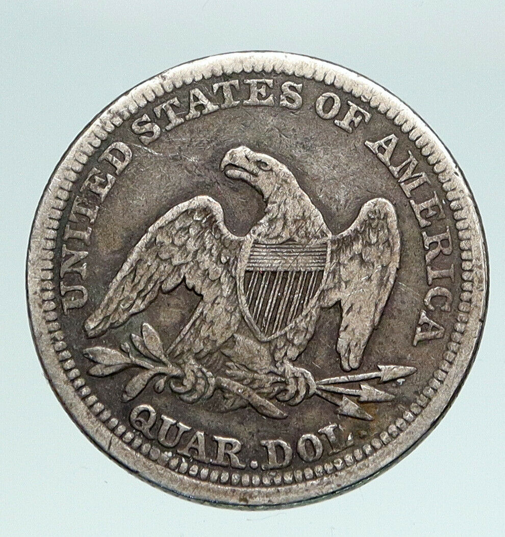 1858 P UNITED STATES US Silver SEATED LIBERTY Quarter Dollar Coin w EAGLE i90885