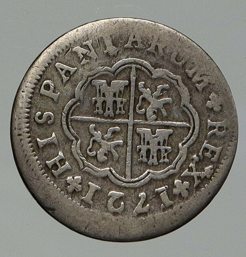 1721 F SPAIN Spanish King FELIPE V Philip Antique OLD Silver Real Coin i92795