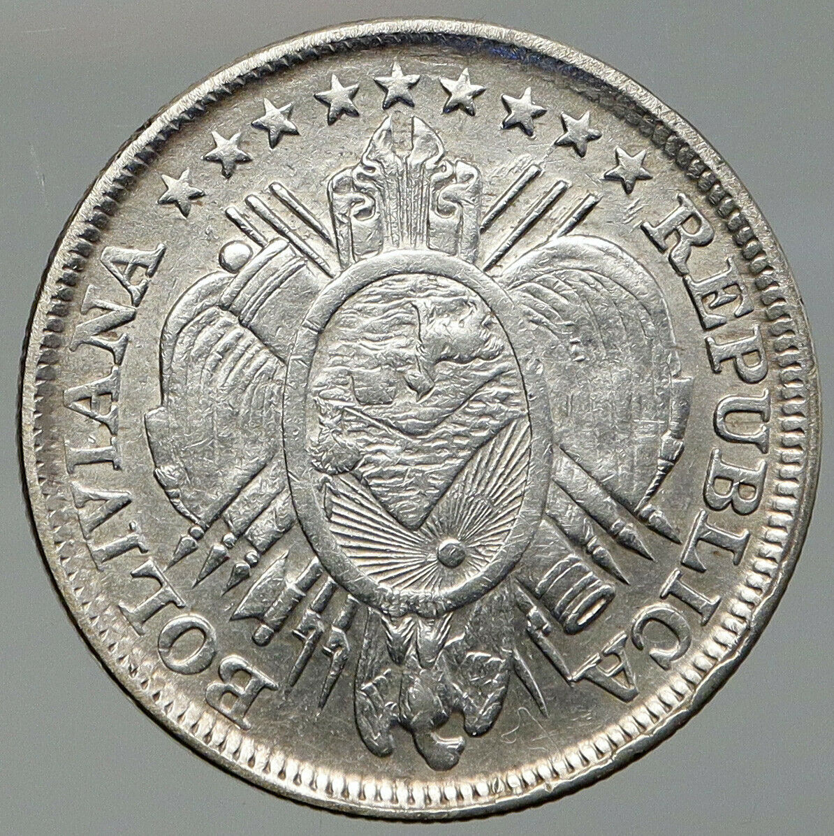 1891 BOLIVIA Antique Wreath Eagle Hill ANTIQUE Silver 50 Centavos Coin i92793