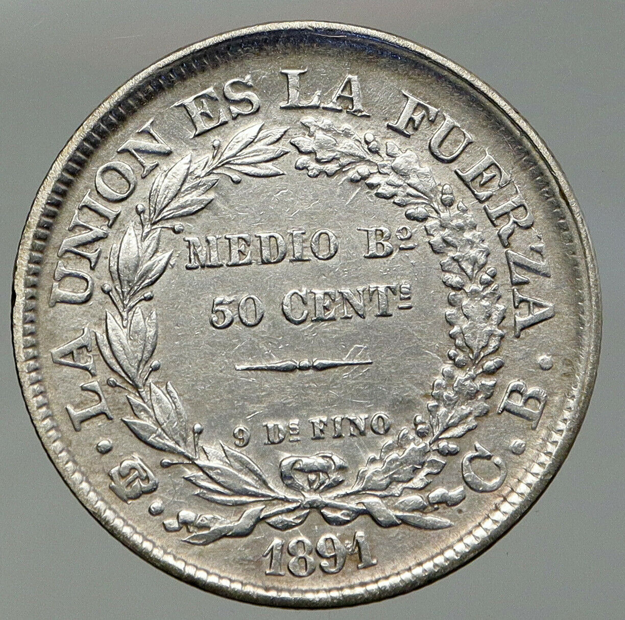 1891 BOLIVIA Antique Wreath Eagle Hill ANTIQUE Silver 50 Centavos Coin i92793