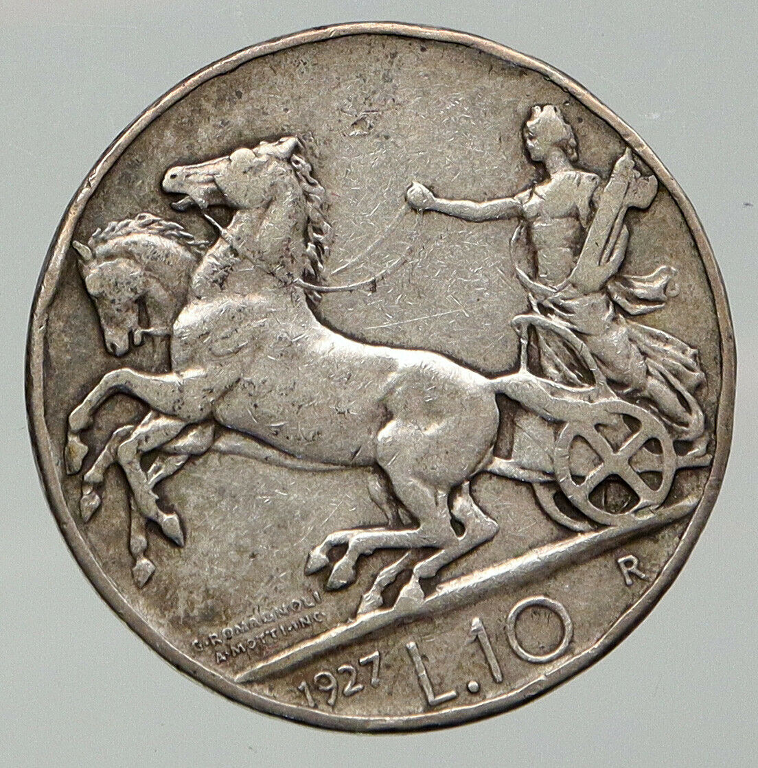 1927 ITALY King Victor Emmanuel III HORSES Silver Italian 10 Lire Coin i92728