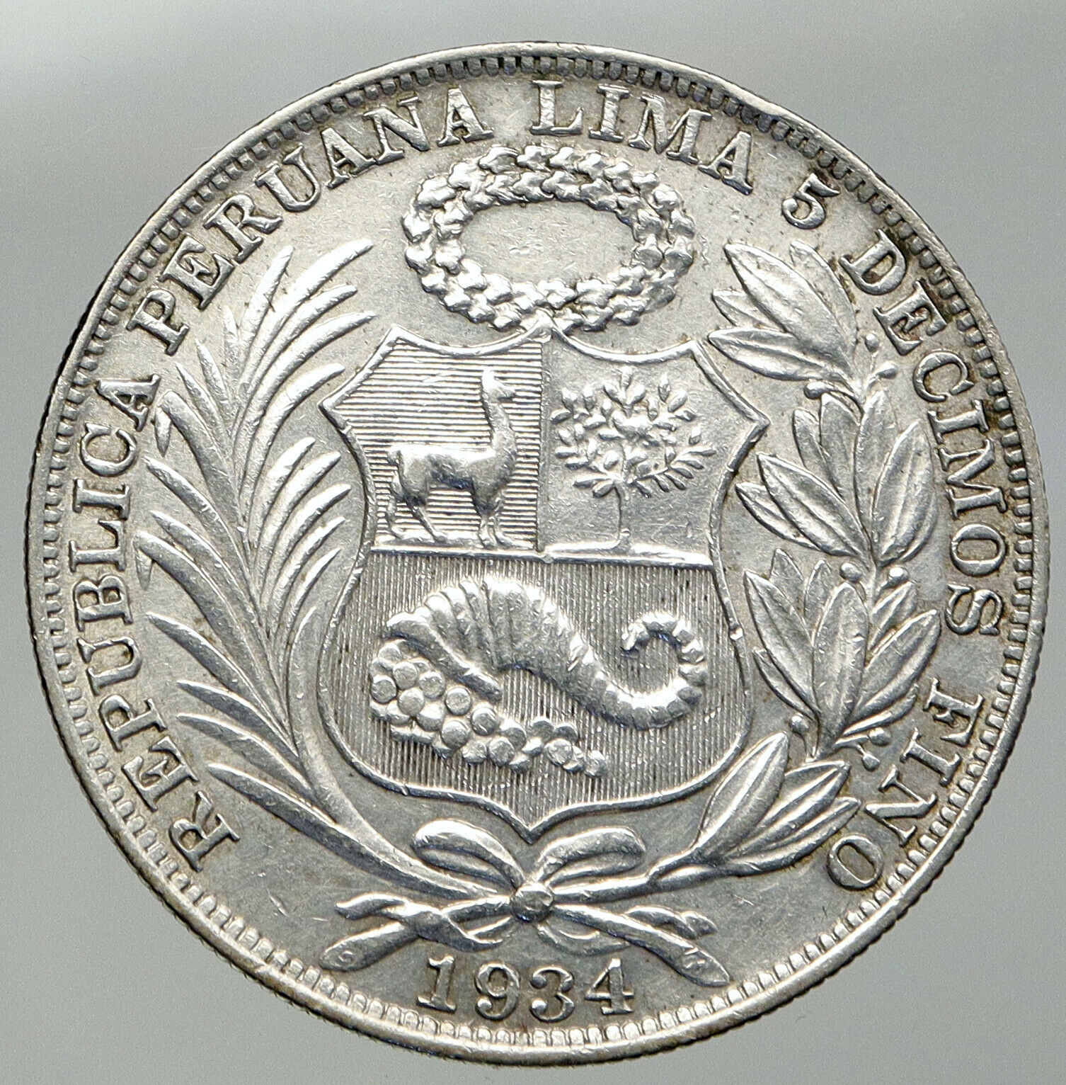 1934 PERU South America 1 SOL Antique BIG Original Silver Peruvian Coin i92801