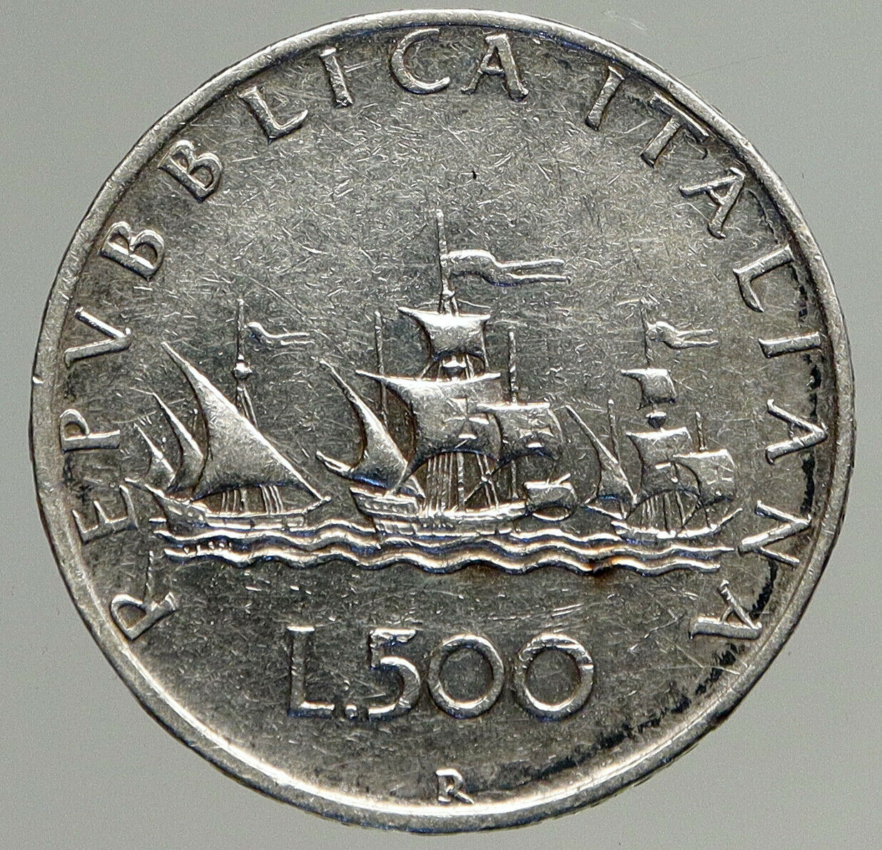 1959 ITALY CHRISTOPHER COLUMBUS Ship DISCOVER America SILVER 500 LRA Coin i93740