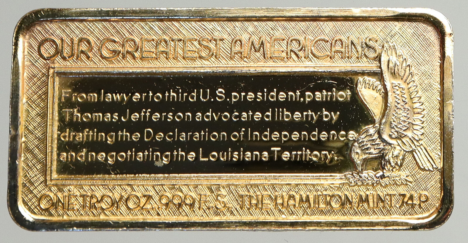 UNITED STATES US Thomas Jefferson VINTAGE Ounce Gilded Silver BAR Medal i93781