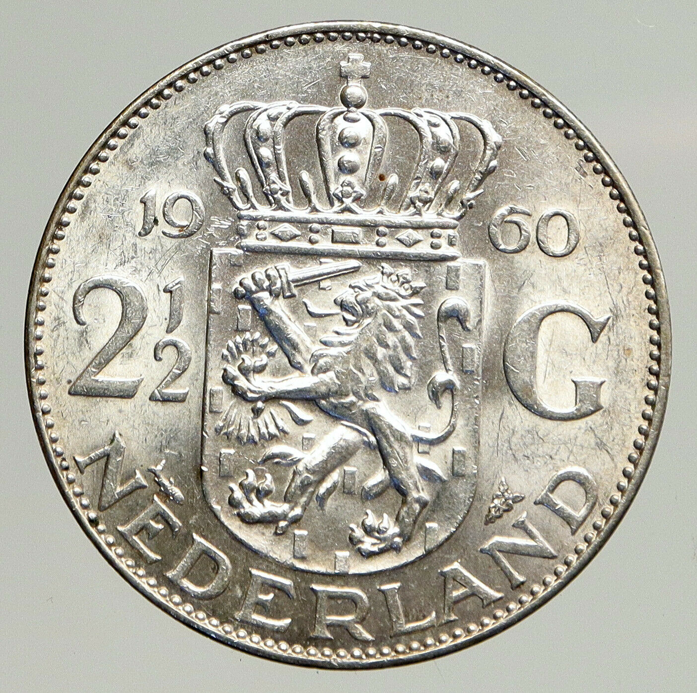 1960 Netherlands Kingdom Queen JULIANA Authentic Silver 2 1/2 Gulden Coin i93760