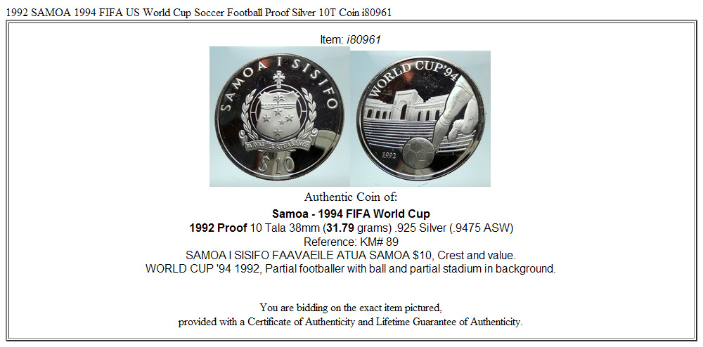 1992 SAMOA 1994 FIFA US World Cup Soccer Football Proof Silver 10T Coin i80961