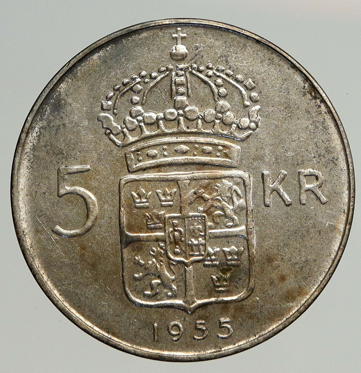 1955 Sweden KING GUSTAF VI Crowned ARMS Vintage OLD Silver 5 Kroner Coin i93756