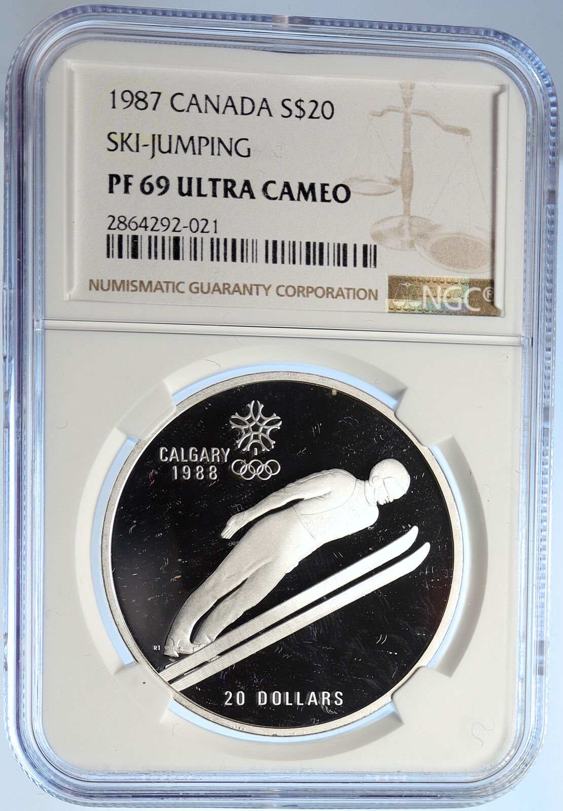 1987 CANADA 1988 CALGARY OLYMPICS Ski Jumping Proof Silver $20 Coin NGC i106645