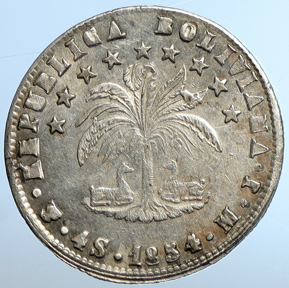 1854 PTS MJ BOLIVIA Large SIMON BOLIVAR Old Antique Silver 4 Sol Coin i111023